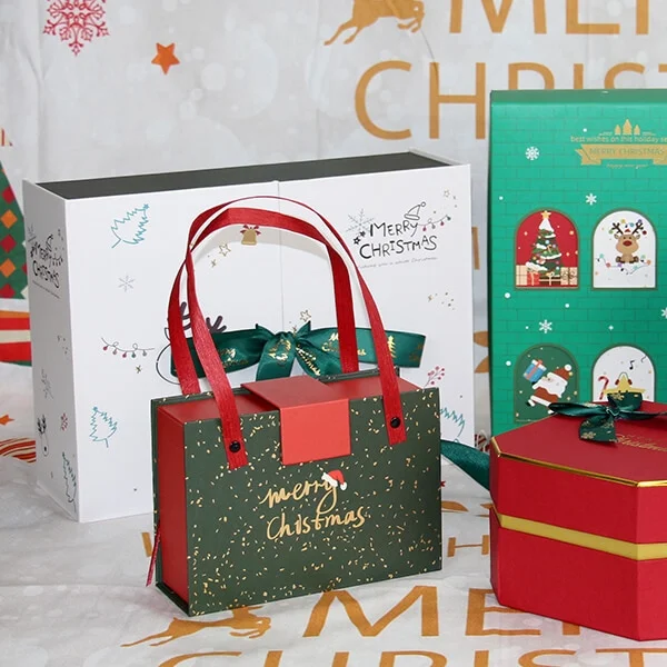 Decorative Christmas gift bags with festive ribbons